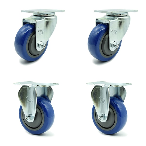 Service Caster 3.5 Inch Blue Polyurethane Wheel Swivel Top Plate Caster Set with 2 Rigid SCC SCC-20S3514-PPUB-BLUE-2-R3514-2 - main